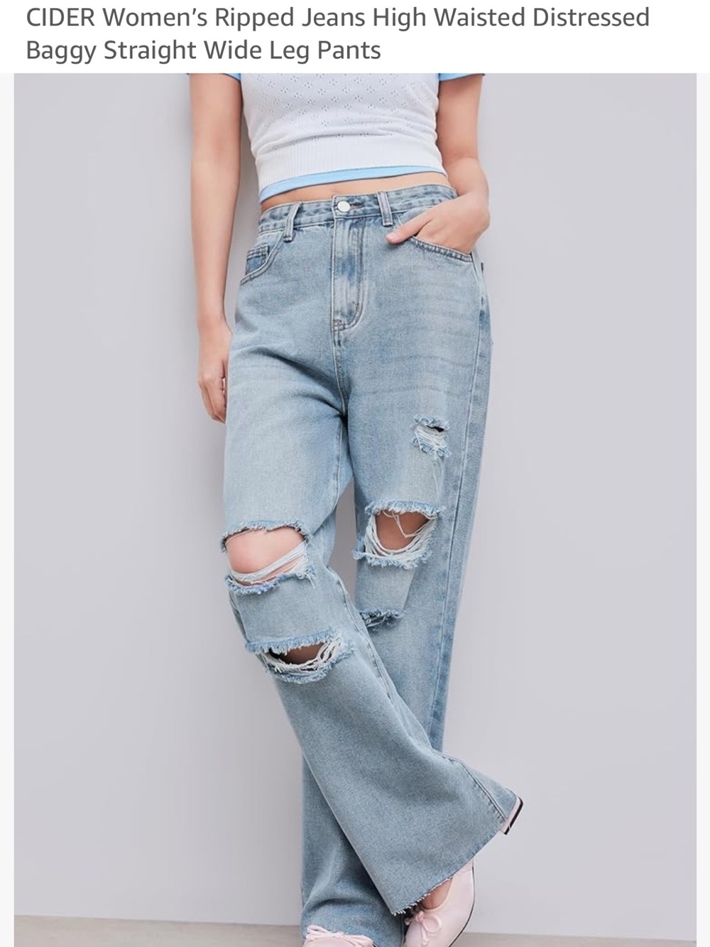 Cider Light Blue High-Rise Distressed Wide-Leg Jeans